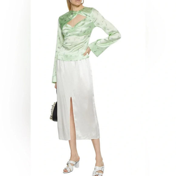 GANNI Cutout Ruched Floral-print Stretch-silk Satin Top In Light Green NWOT - Picture 2 of 9